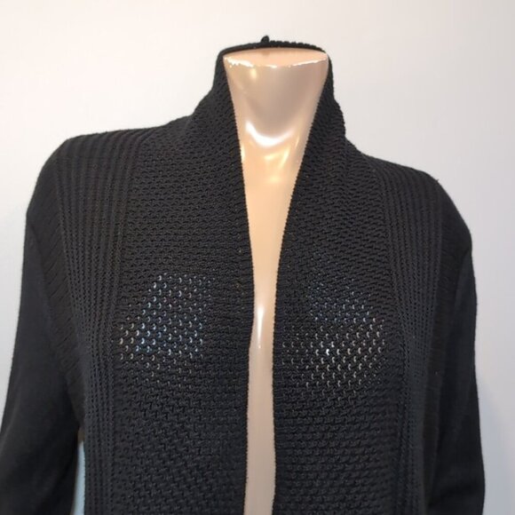 Laura Open Front Cardigan Sweater Shawl Collar Black Tunic Length Long Sleeve - Picture 2 of 15